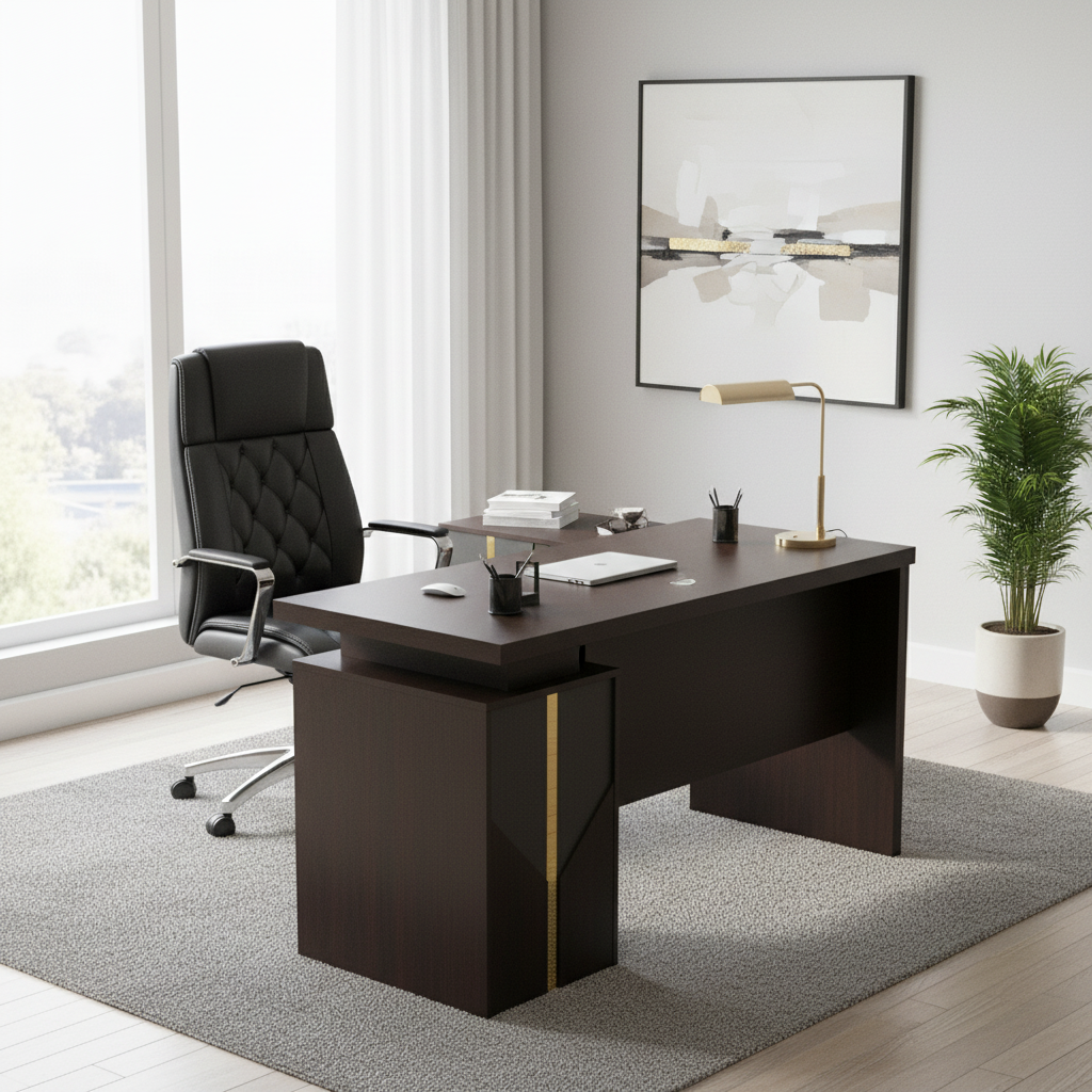 Wenge Modern Office Desk with Gold Accent in Home Office Setting – Buy Office Desk UAE | Infini Homes