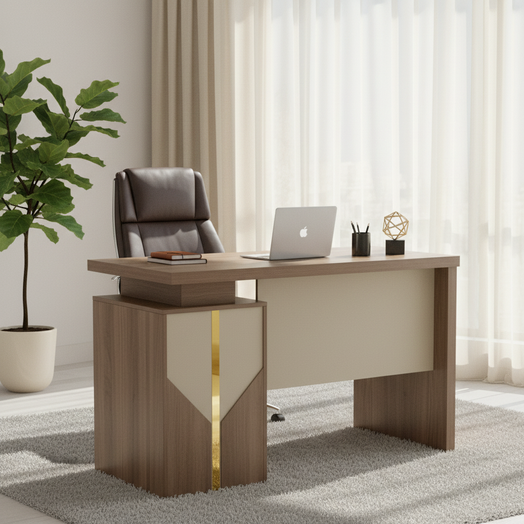 Walnut Modern Office Desk with Gold Accent in Luxury Home Office Setup UAE – IH-L852-WAL