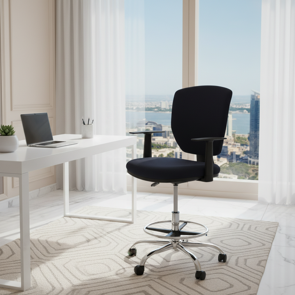 Black ergonomic high chair with foot rest in luxury Dubai home office with city skyline view – Reception Chair IH 264 UAE