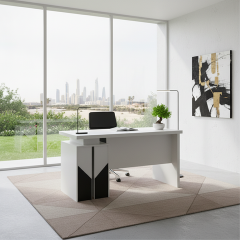Modern White Office Desk in Dubai Home Office with City Skyline View – IH-L852-WHT UAE