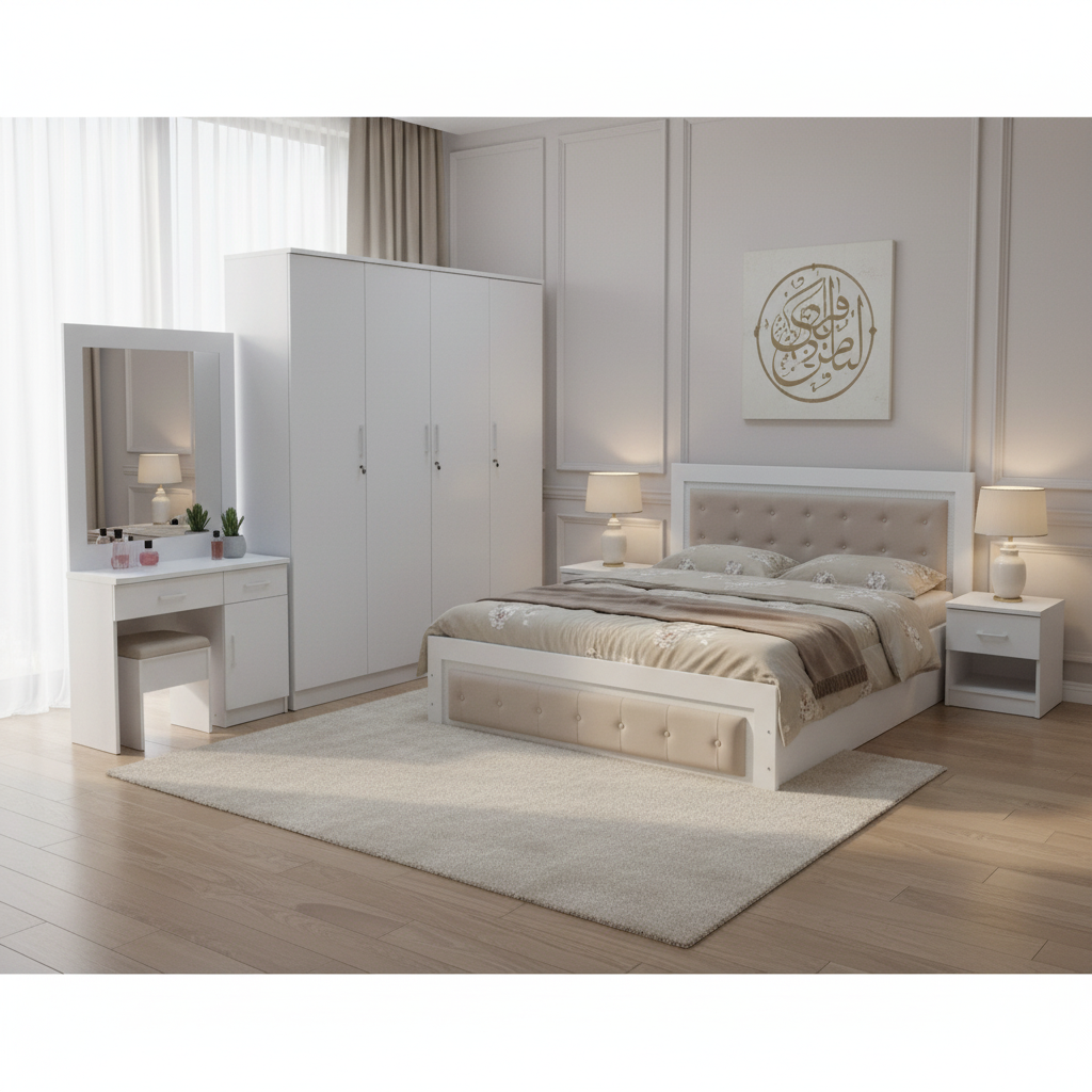 Luxury King Bedroom Set IH 467 – Tufted Upholstered Bed 180x200, White Wardrobe & Dressing Table | INFINI HOMES UAE