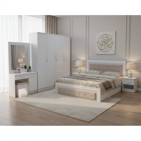 Luxury King Bedroom Set IH 467 – Tufted Upholstered Bed 180x200, White Wardrobe & Dressing Table | INFINI HOMES UAE