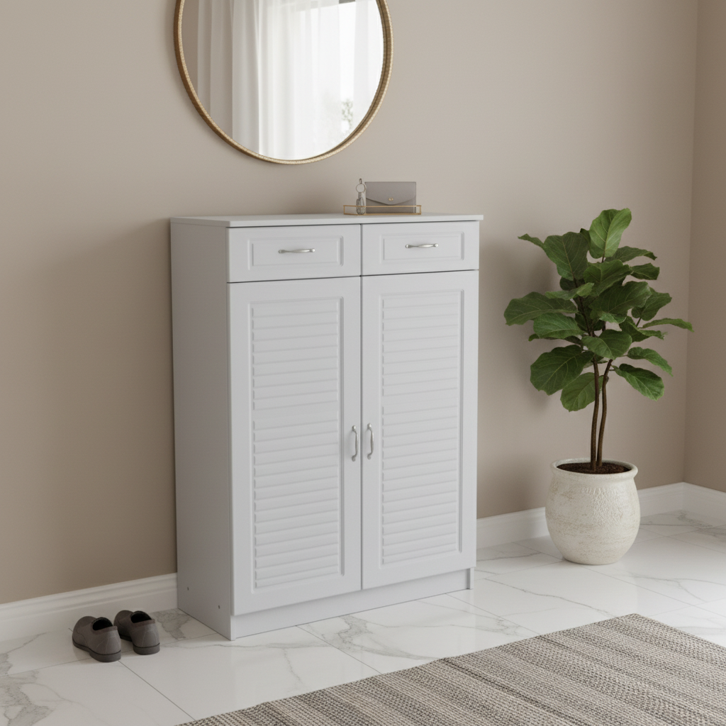 White Shoe Cabinet in Luxury Marble Entryway with Round Mirror – Entryway Furniture Dubai UAE | INFINI HOMES