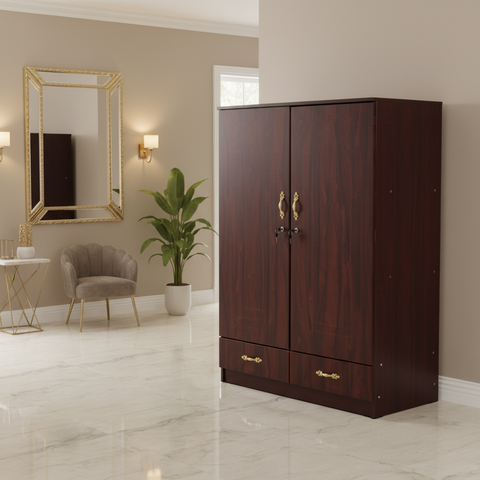 Dark Mahogany Wooden Wardrobe with Gold Handles in Luxury Marble Entryway – Buy Wardrobe Online UAE | INFINI HOMES