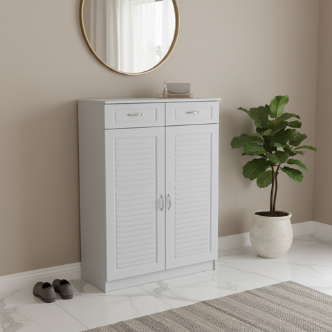 White Shoe Cabinet in Luxury Marble Entryway with Round Mirror – Entryway Furniture Dubai UAE | INFINI HOMES