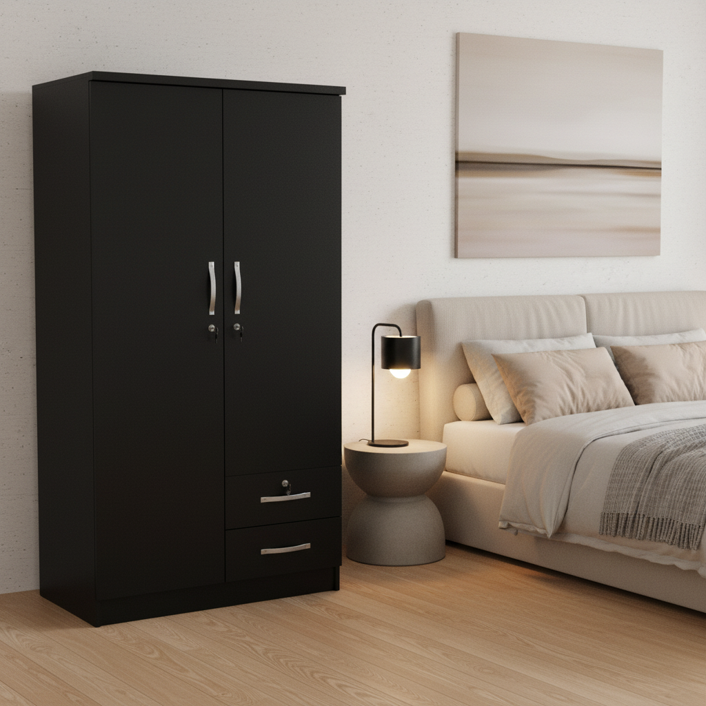 Two Door Wooden Wardrobe IH 622 in Minimalist Bedroom – Black Storage Cabinet UAE
