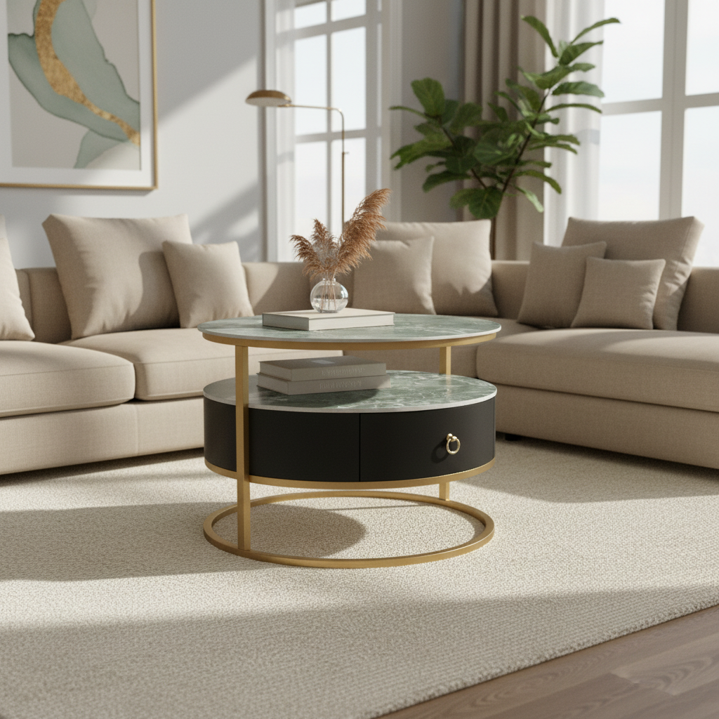 Sintered Stone Coffee Table Set (1+1) | Green & Gold | IH 9001