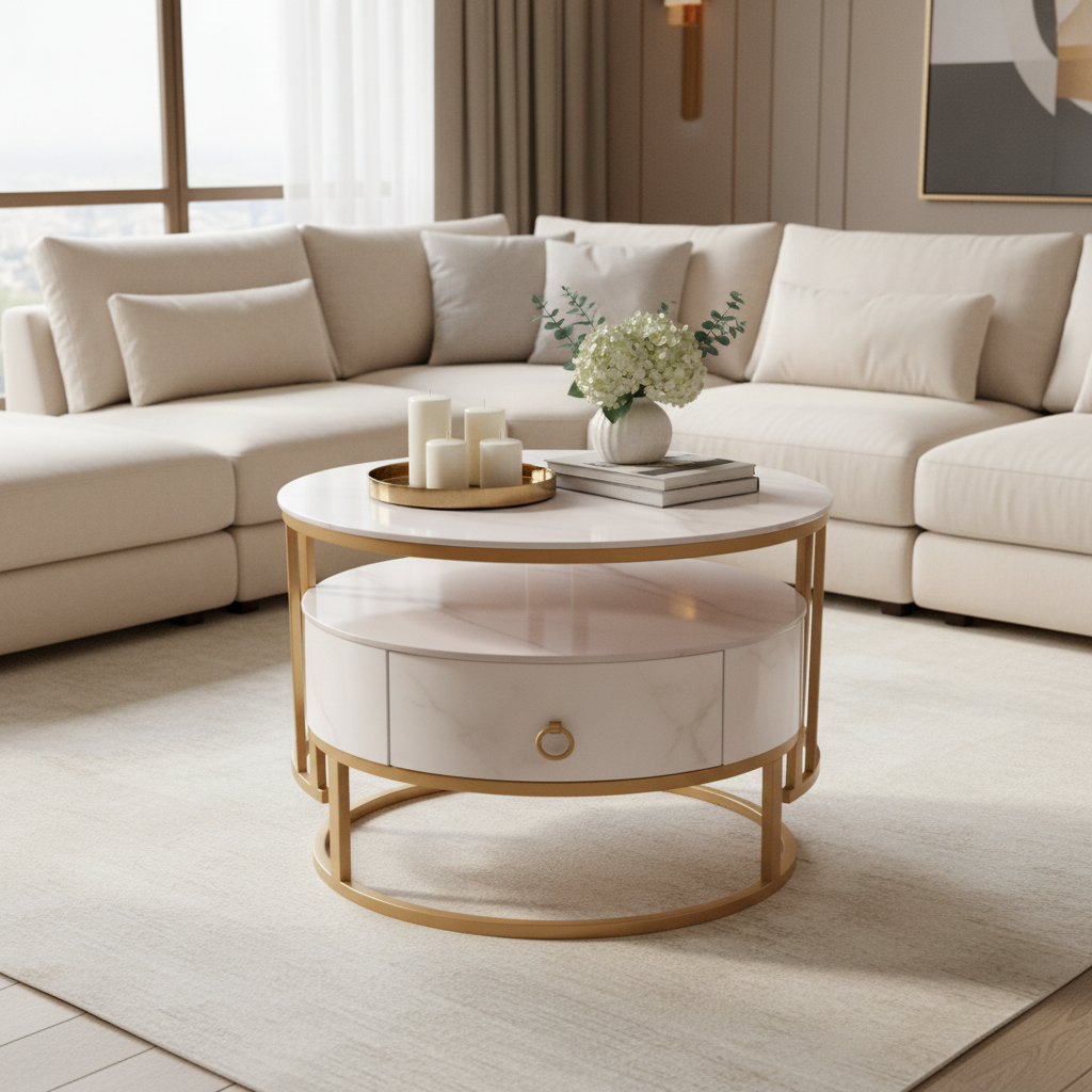Sintered Stone Coffee Table Set (1+1) | White & Gold | IH 9002