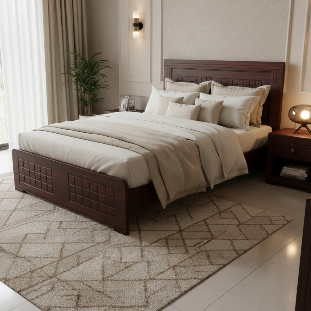 Single Wooden Bed Dark Walnut Carved Headboard Luxury Bedroom Dubai Abu Dhabi UAE