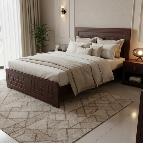 Single Wooden Bed Dark Walnut Carved Headboard Luxury Bedroom Dubai Abu Dhabi UAE