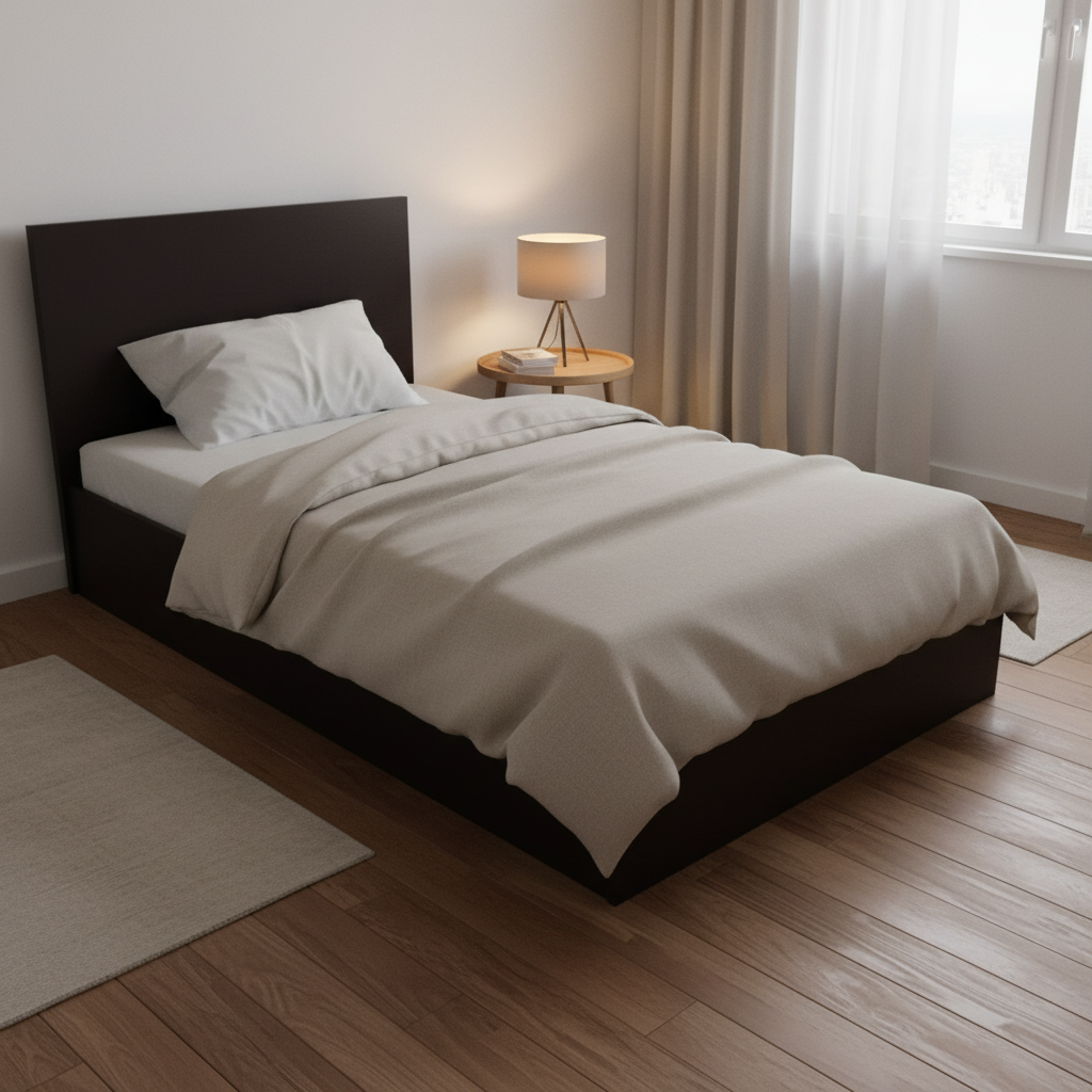 Dark Wood Single Bed in Cosy Bedroom Setting with Warm Lighting – Single Bed UAE | Dubai Delivery