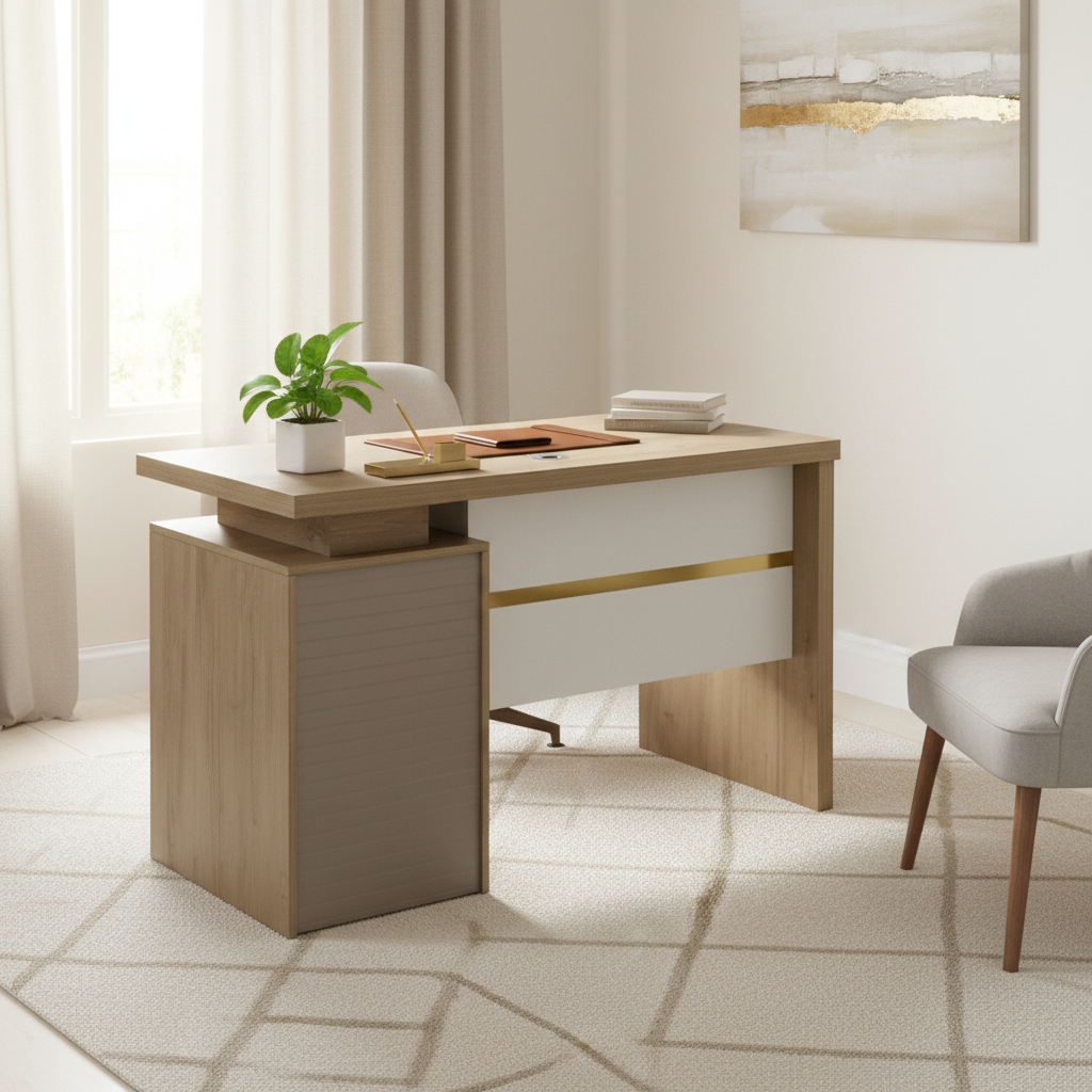 Modern Beige Office Desk with Cabinet – Stylish Home Office Furniture Available in Dubai UAE