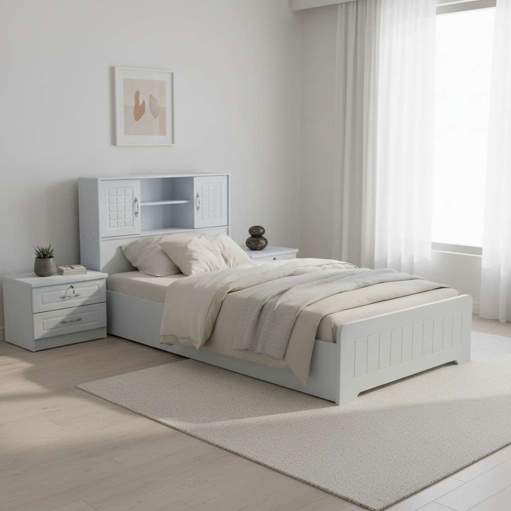 Single Wooden Bed with Storage Headboard in Bright White Bedroom | 190×90 cm | Free Delivery in Dubai & UAE
