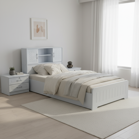 Single Wooden Bed with Storage Headboard in Bright White Bedroom | 190×90 cm | Free Delivery in Dubai & UAE