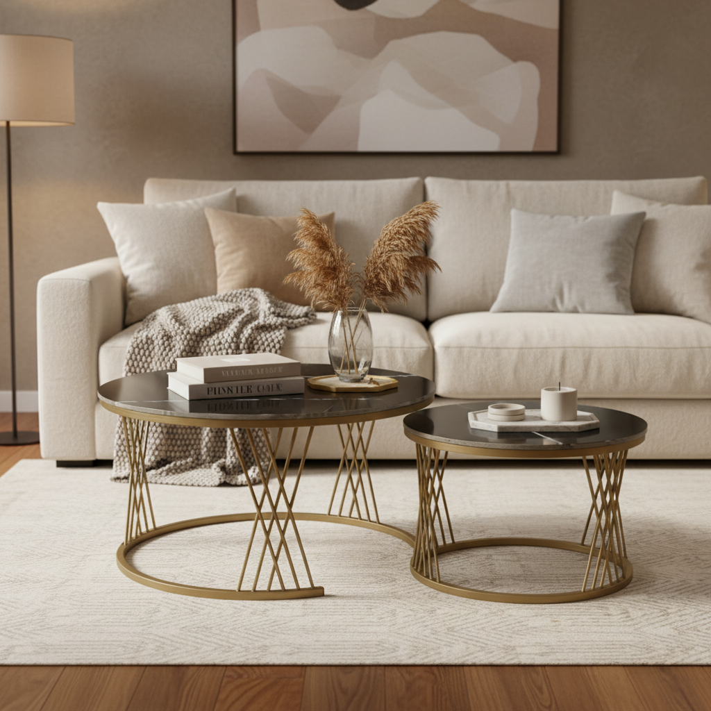 Sintered Stone Coffee Table Set (1+1) | IH 2501 | Black Top & Golden Base