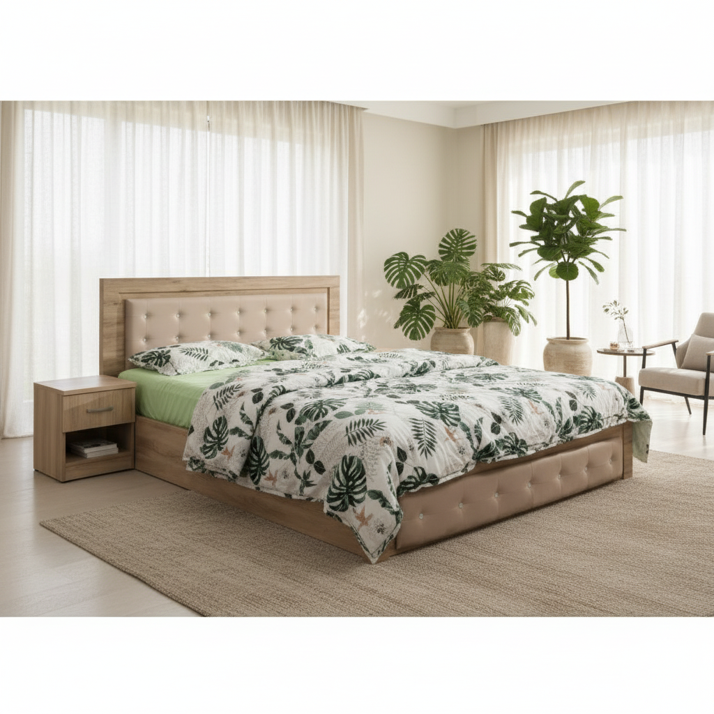 Premium Wooden Double Bed with Button-Tufted Headboard in Modern UAE Bedroom | Delivery to Dubai, Abu Dhabi & All Emirates
