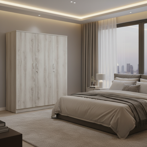Three Door Wooden Wardrobe IH 933 in Contemporary Dubai Bedroom – Wooden Wardrobe UAE All Emirates Delivery
