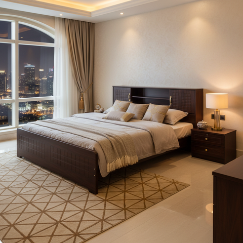 Dark Walnut Bed with Storage Headboard in Luxury Bedroom with City View – Dubai Abu Dhabi UAE