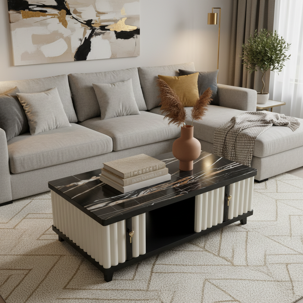 High Gloss Center Table with Glass Top | IH CT185 – 120x60x45 cm