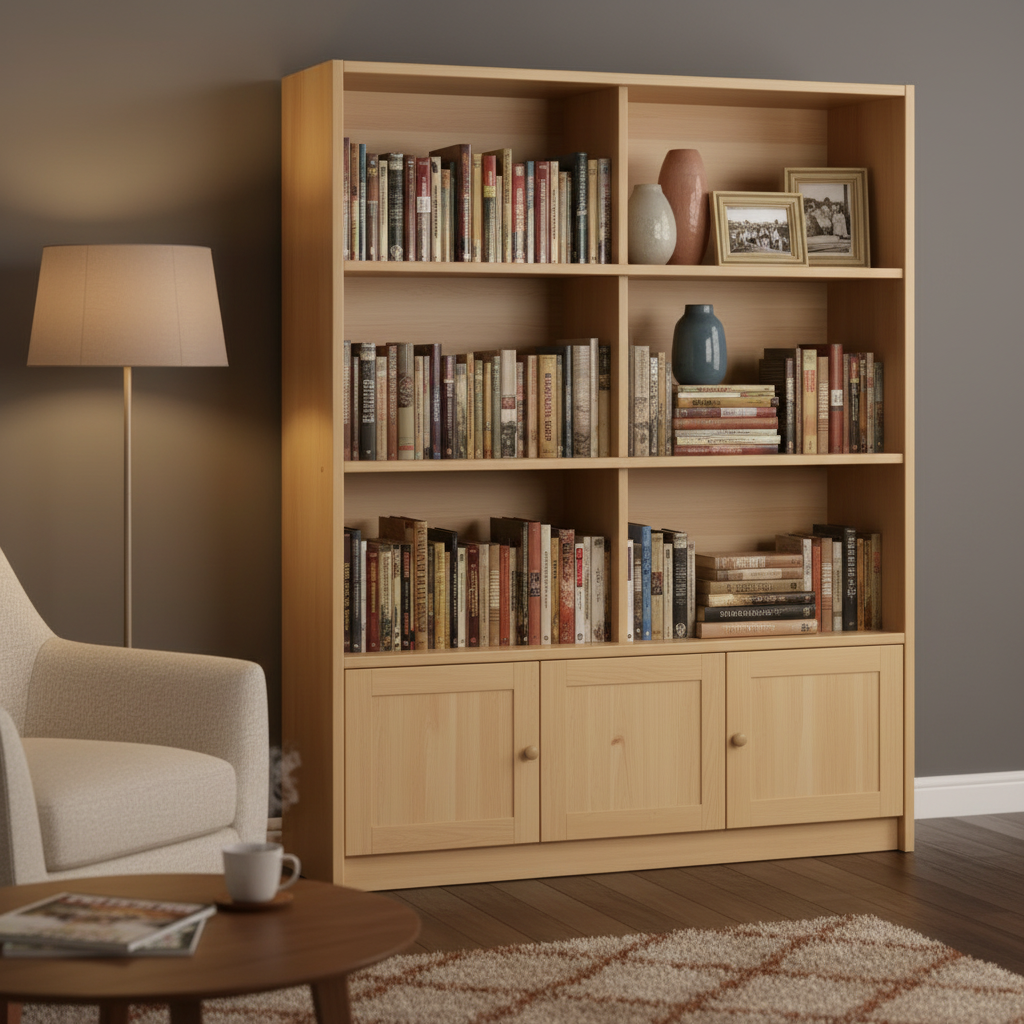 Natural Wood Bookcase with Lower Cabinet UAE | Living Room Book Storage Shelf Dubai