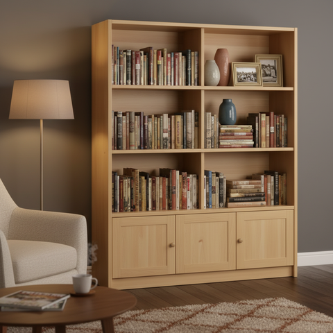 Natural Wood Bookcase with Lower Cabinet UAE | Living Room Book Storage Shelf Dubai