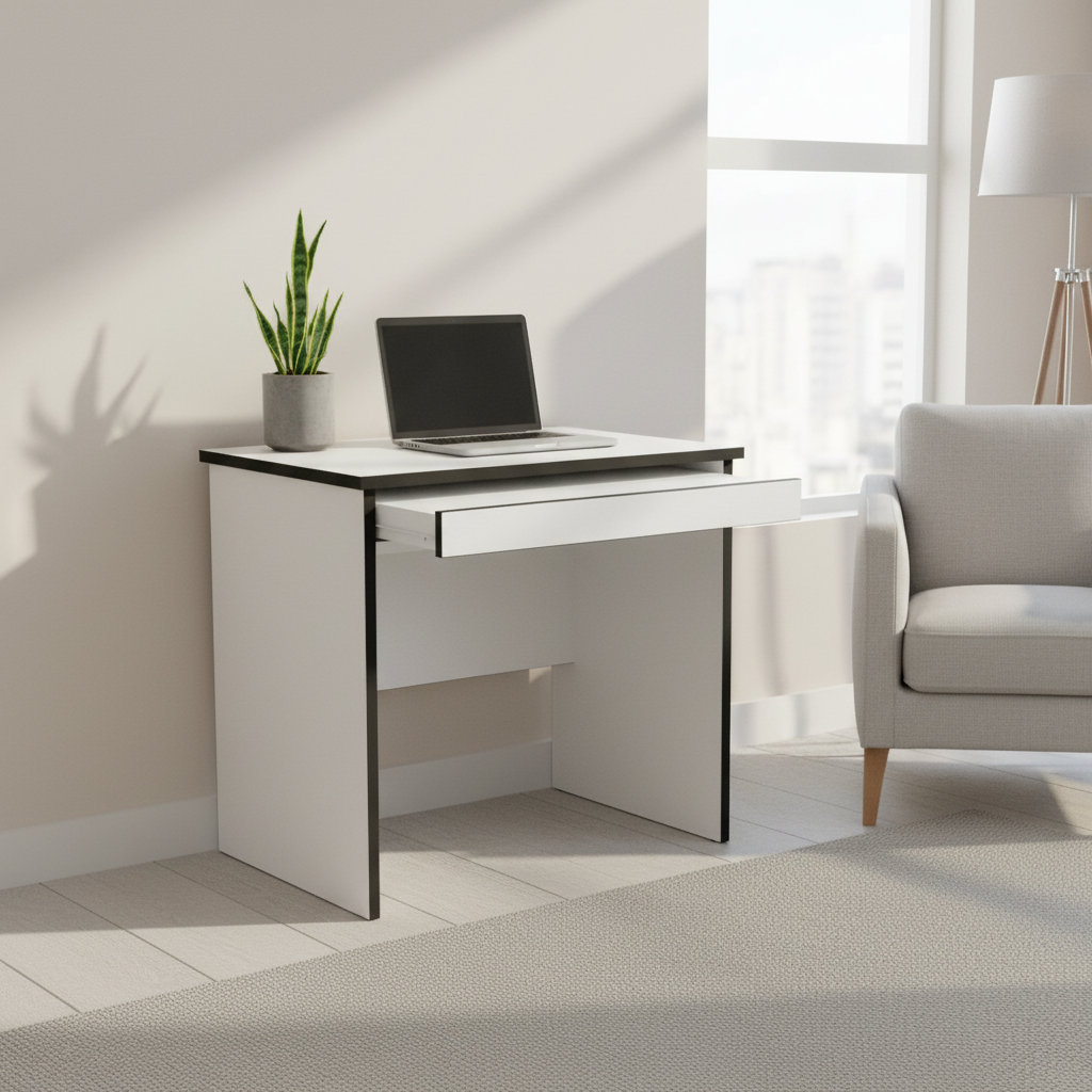 Modern wooden home office desk with drawer and laptop in minimalist UAE living space