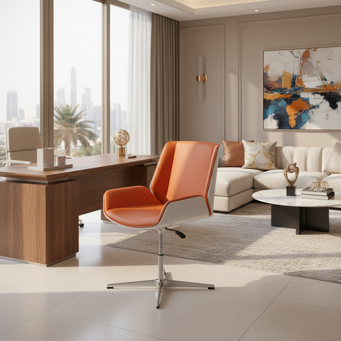Orange & White Visitor Chair with Bent Wood Legs – Lifestyle View | Buy in Dubai, Abu Dhabi, UAE