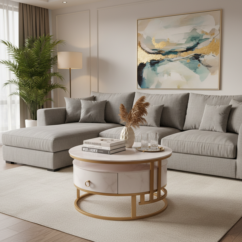Sintered Stone Coffee Table Set (1+1) | White & Gold | IH 9002