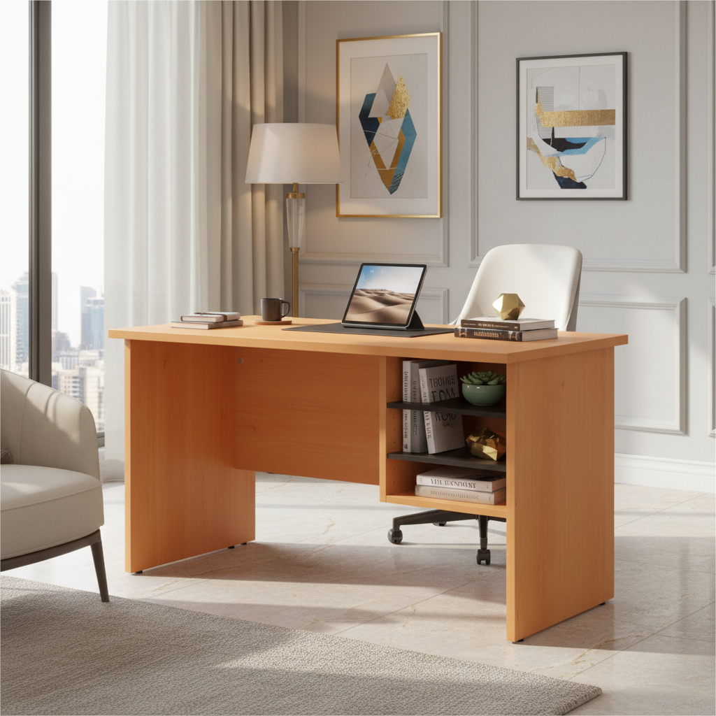 INFINI HOMES IH 103 Wooden Side Desk in a modern Dubai apartment home office with open shelf storage UAE