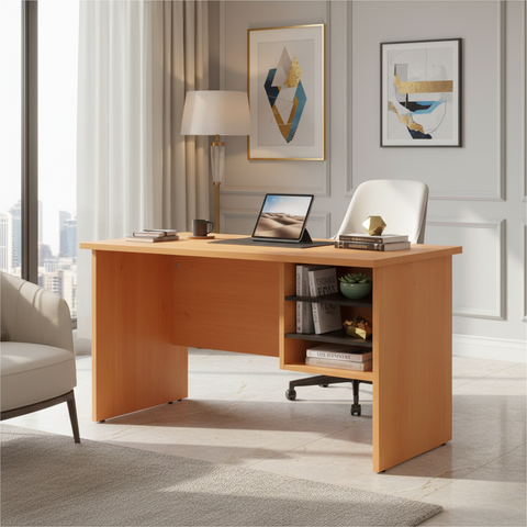 INFINI HOMES IH 103 Wooden Side Desk in a modern Dubai apartment home office with open shelf storage UAE