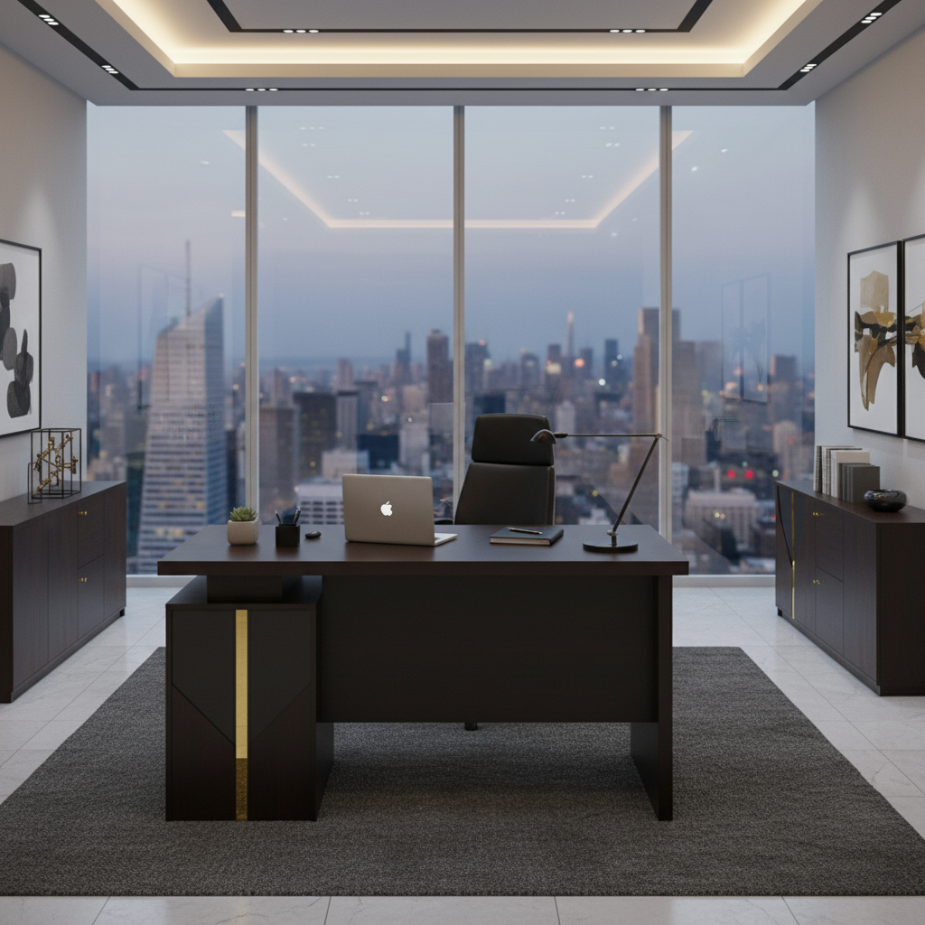 Luxury Wenge Executive Desk in High-Rise Corporate Office with City View – Premium Office Desk Dubai UAE