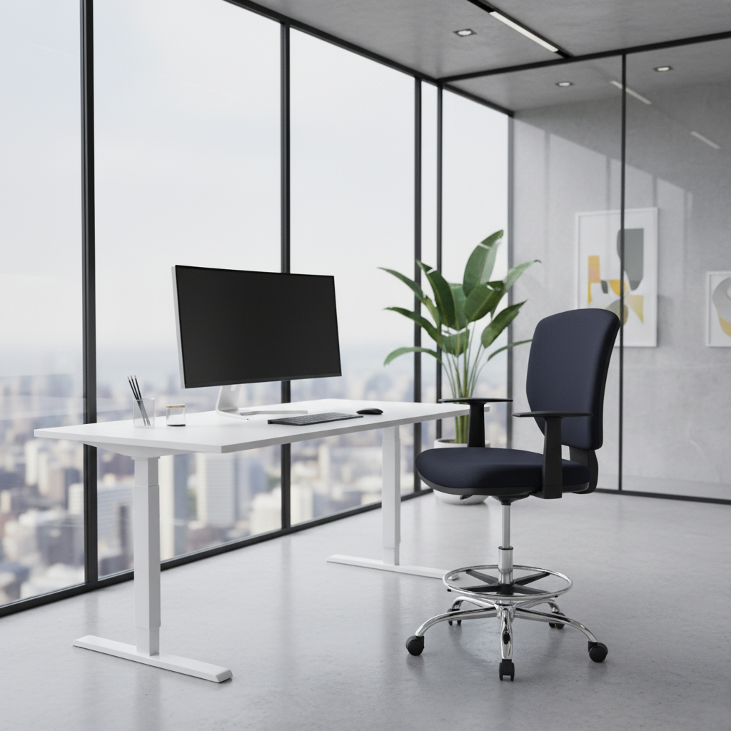 Black high-seating drafting chair with chrome foot ring in modern corporate office, UAE – Reception Chair IH 264