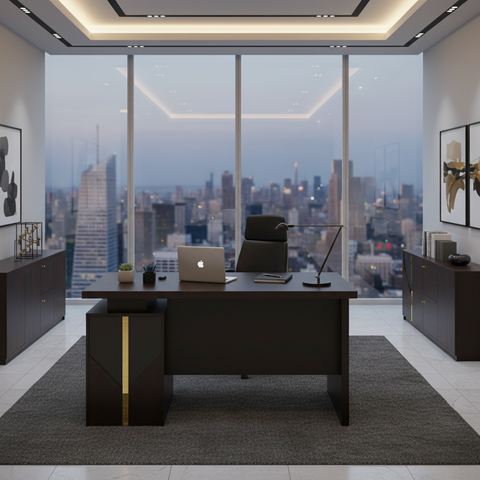 Luxury Wenge Executive Desk in High-Rise Corporate Office with City View – Premium Office Desk Dubai UAE