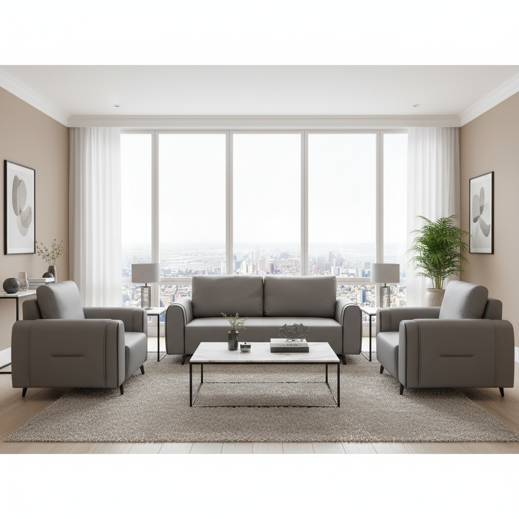 Grey PU Sofa Set 3+1+1 | IH 6319 – Premium Living Room Furniture UAE