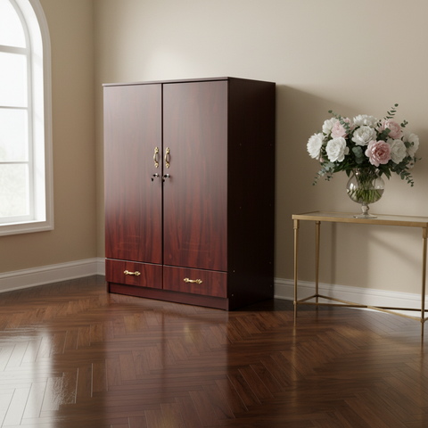 Dark Mahogany Wooden Wardrobe with Gold Handles in Classic Herringbone Bedroom – Wardrobe for Sale UAE | INFINI HOMES