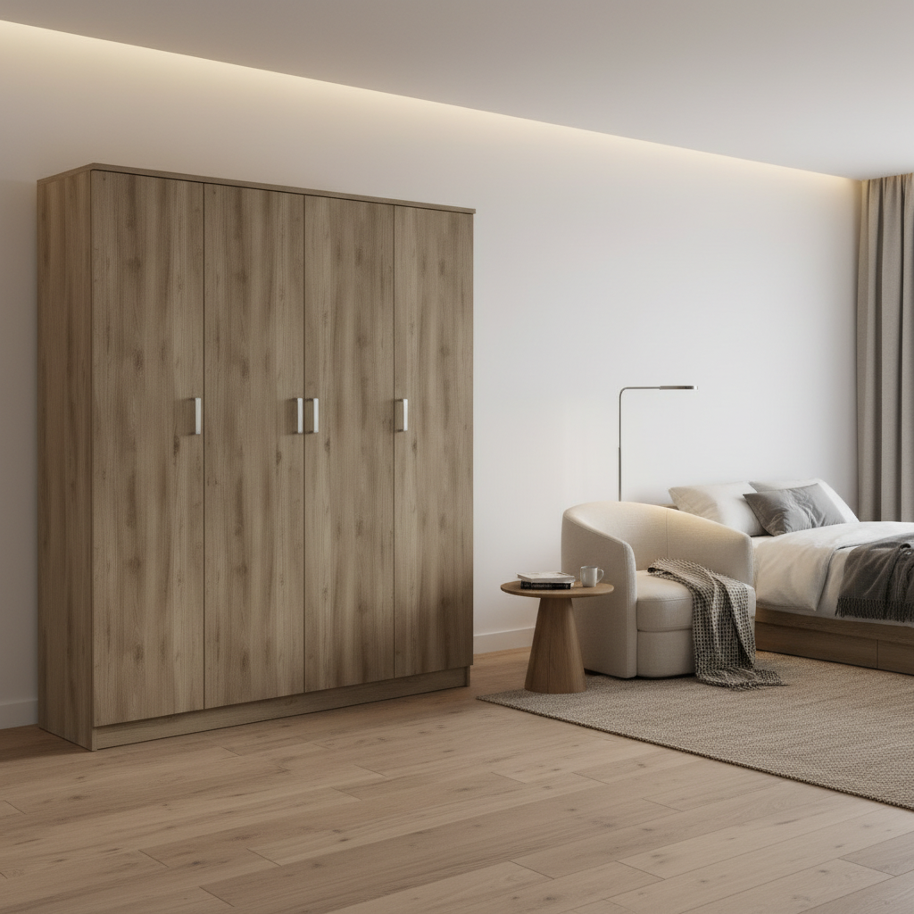 Four Door Wardrobe IH 467 in Minimalist Bedroom – Modern Wooden Wardrobe Abu Dhabi UAE