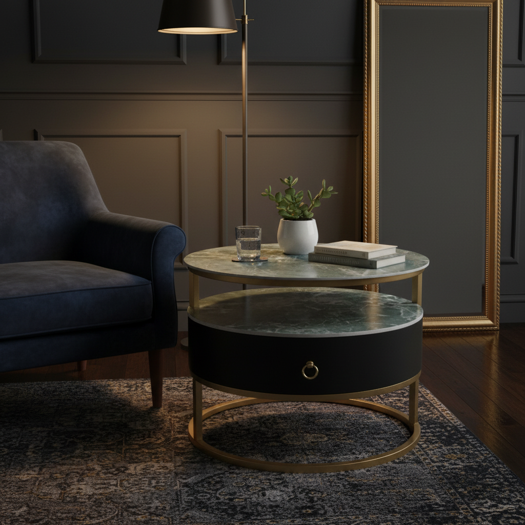Sintered Stone Coffee Table Set (1+1) | Green & Gold | IH 9001