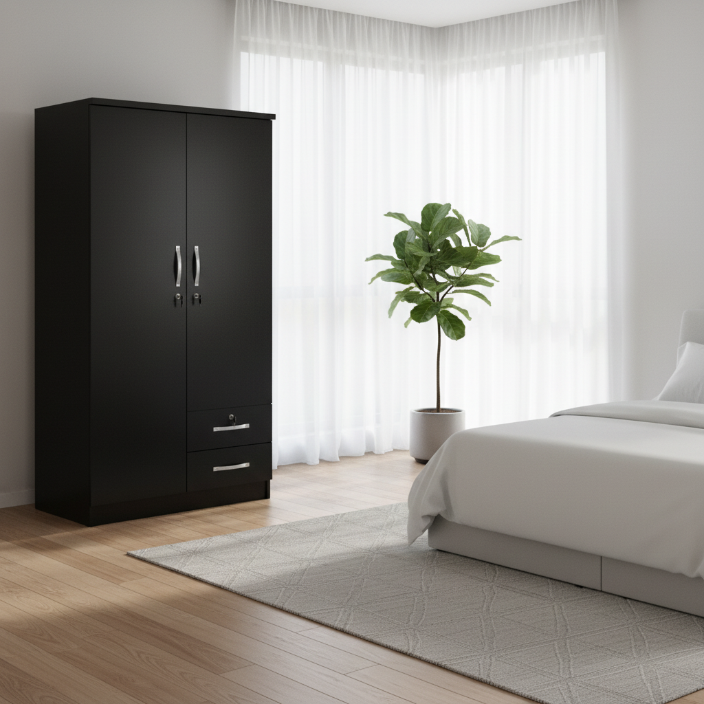 Black Two Door Wardrobe with Drawers in Bright Modern Bedroom – IH 622 Storage Cabinet UAE