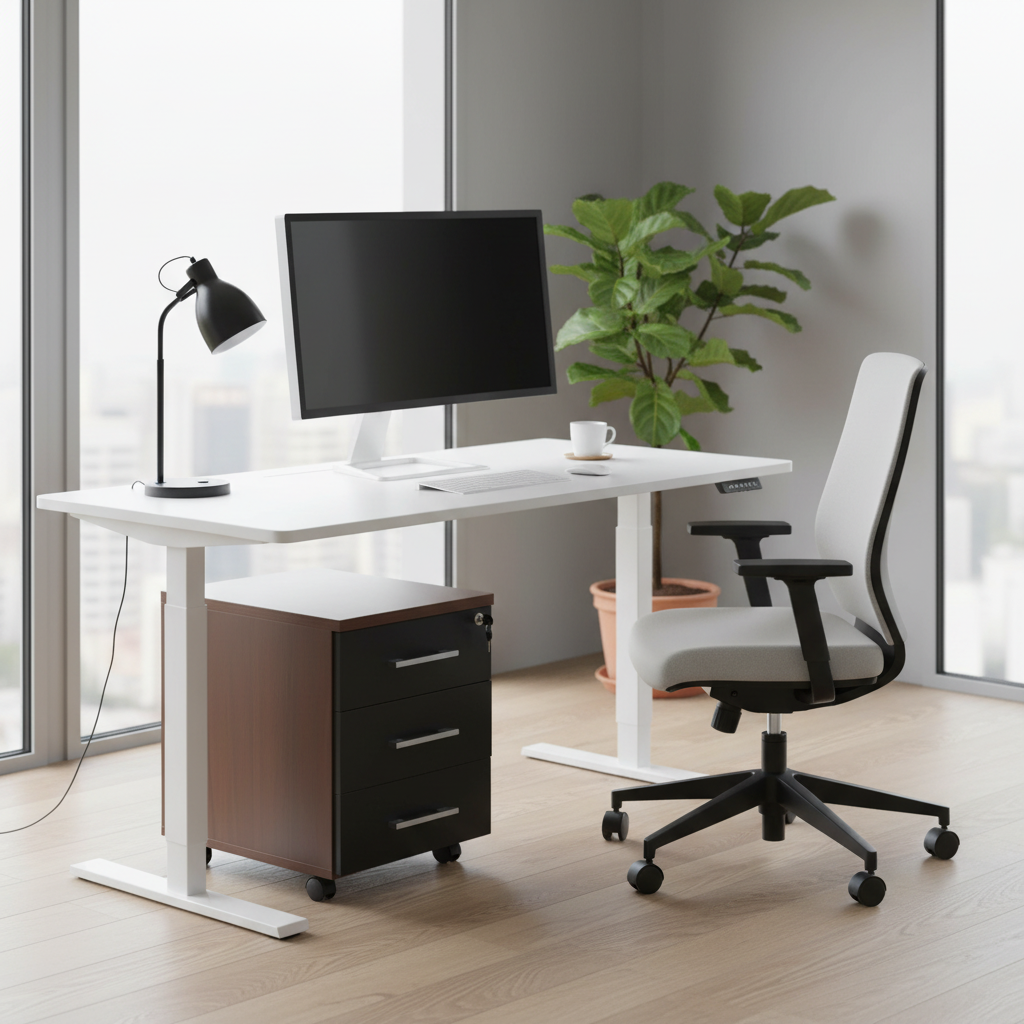 Mobile Pedestal 3 Drawer under height-adjustable standing desk in modern home office – office storage solution UAE
