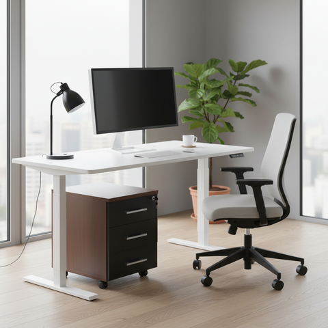 Mobile Pedestal 3 Drawer under height-adjustable standing desk in modern home office – office storage solution UAE
