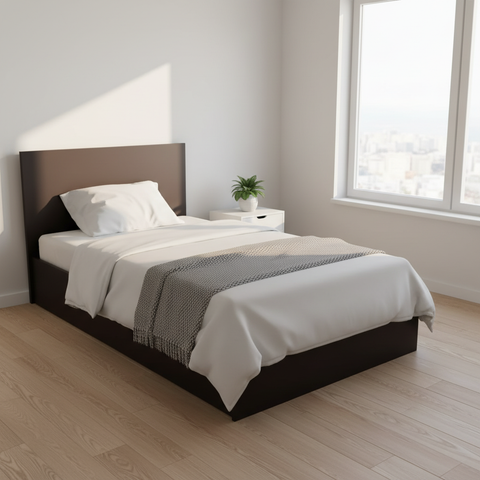 Dark Wood Single Bed with White Bedding and Woven Runner – Modern Bedroom Furniture UAE | All Emirates Delivery