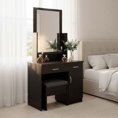 Espresso Vanity Dressing Table with Mirror Stool and Storage | Luxury Bedroom Furniture Dubai UAE | INFINI HOMES