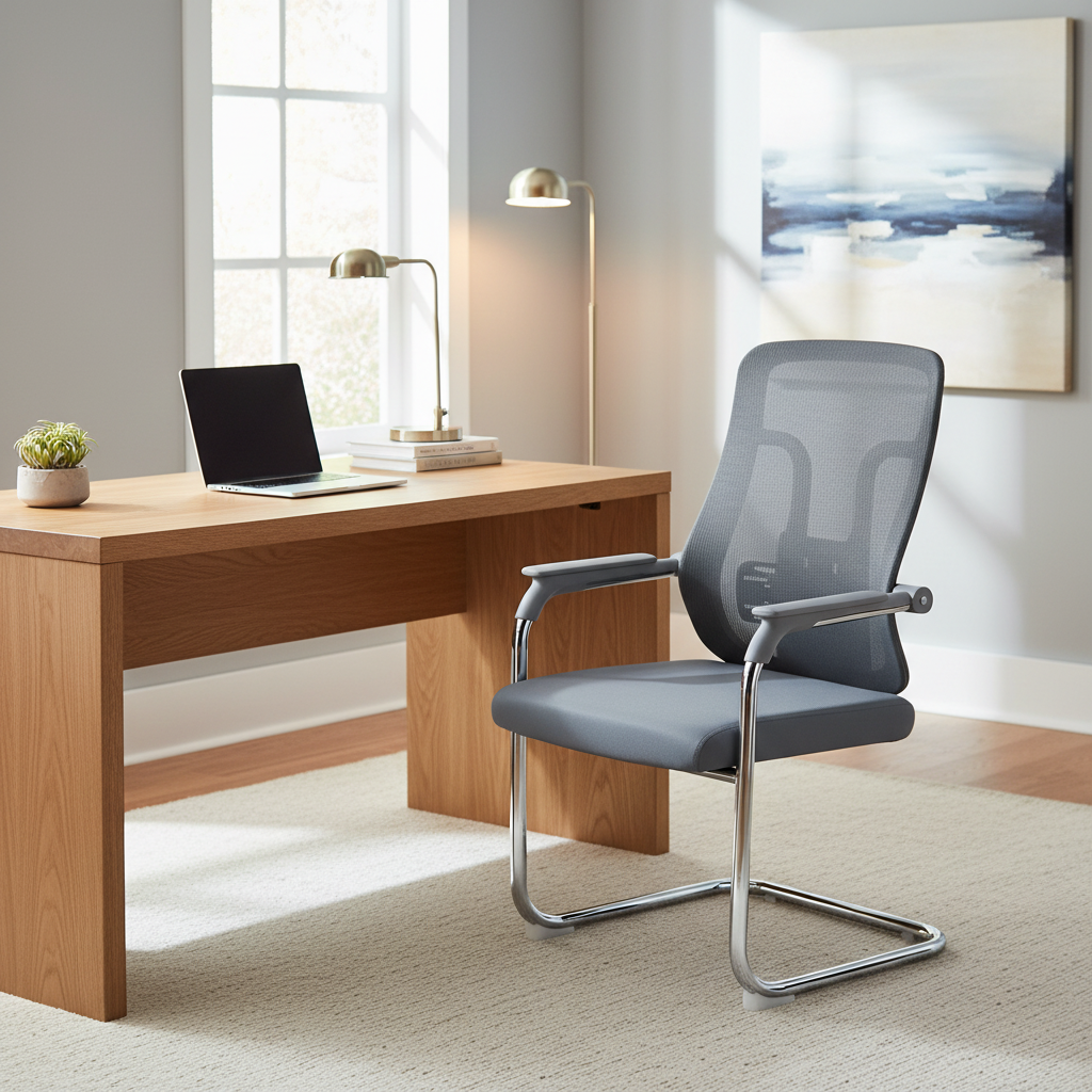 Grey Mesh Visitor Chair with Chrome Arms Beside Wooden Desk – Home Office UAE | IH 318V | INFINI HOMES