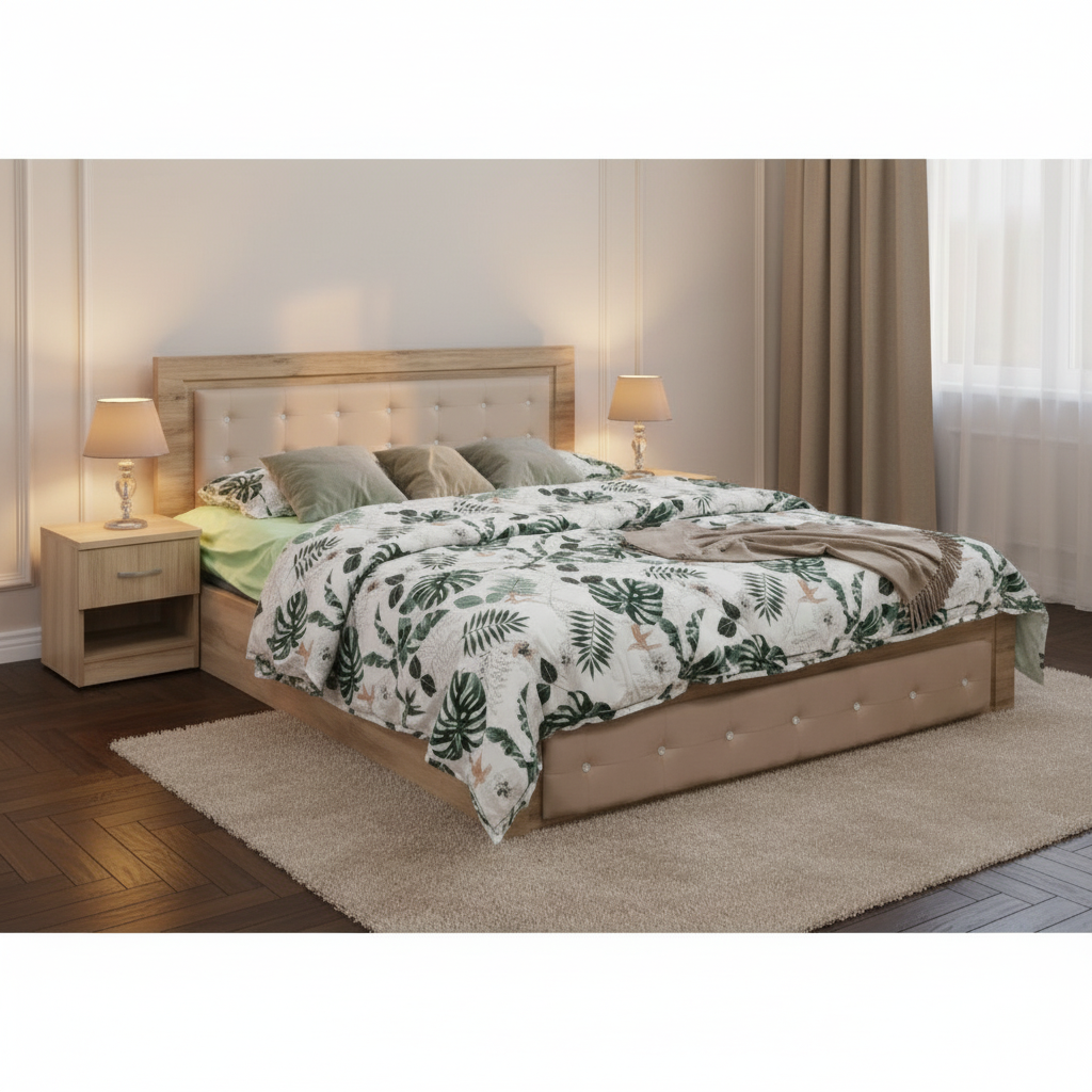 Upholstered Wooden Double Bed with Side Table in Cosy Bedroom Setting | Buy Bed Online UAE – Dubai, Sharjah & All Emirates