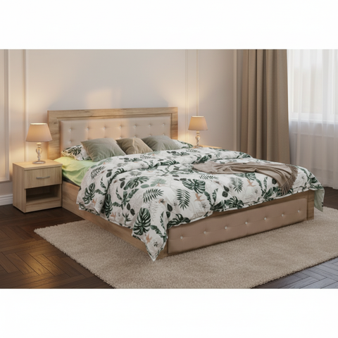 Upholstered Wooden Double Bed with Side Table in Cosy Bedroom Setting | Buy Bed Online UAE – Dubai, Sharjah & All Emirates