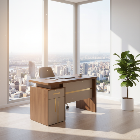 Walnut modern office desk with gold accent cabinet in a bright high-rise office overlooking a city skyline – IH-T722-WAL office furniture UAE