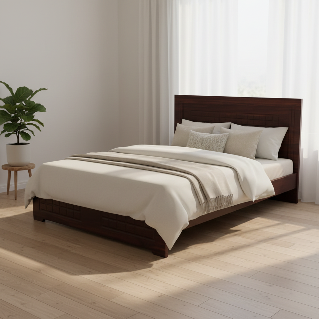 Single Wooden Bed Dark Walnut Minimalist Bedroom Interior Dubai UAE 120x190 cm