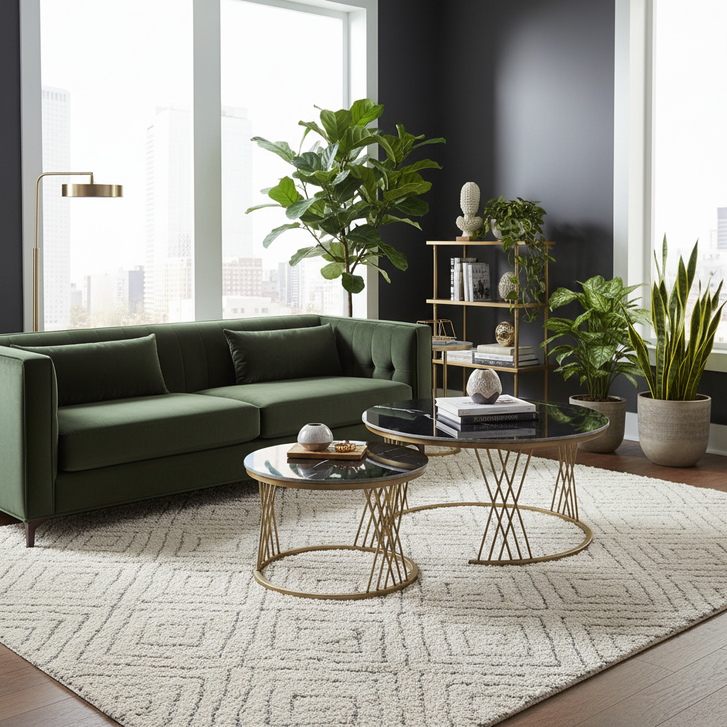 Sintered Stone Coffee Table Set (1+1) | IH 2501 | Black Top & Golden Base