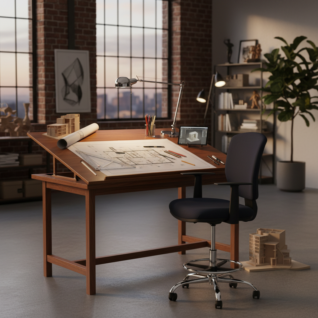 Black drafting chair with chrome foot ring at architect's studio desk in UAE – high-seating reception chair IH 264