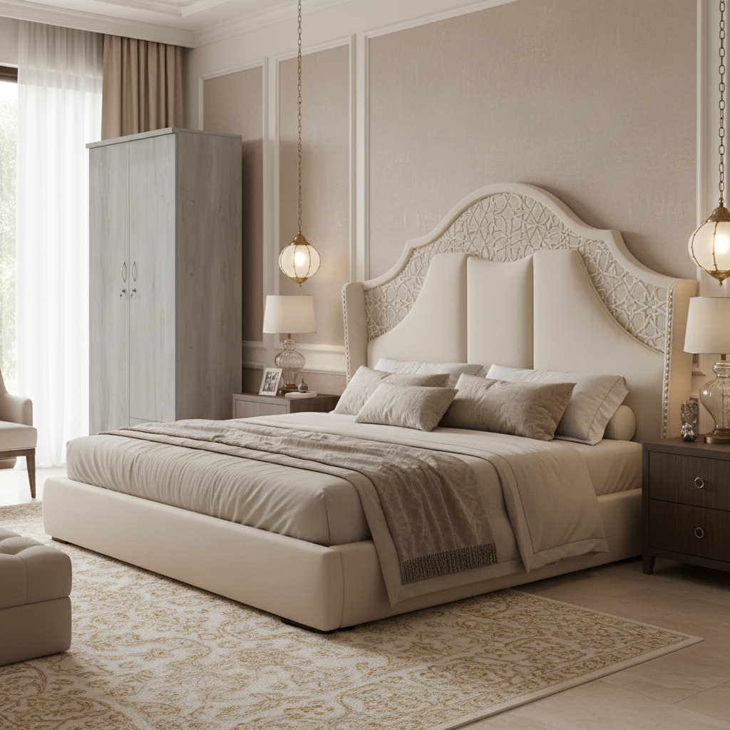 Two Door Wooden Wardrobe IH 621 in luxury Arabic-style master bedroom – premium wardrobe Dubai Abu Dhabi UAE